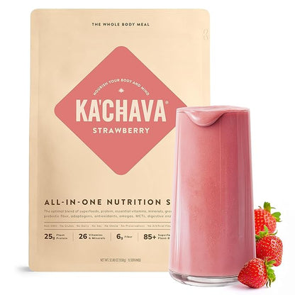 Ka’Chava All-In-One Nutrition Shake Blend, Strawberry, 15 Servings, 85+ Superfoods & Nutrients, Greens Plant-Based Powder Protein Drink, Digestive Enzymes & Probiotics, Vegan Dairy Gluten Free