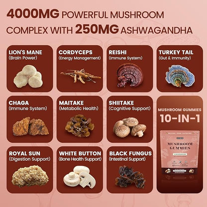 Lions Mane Mushroom Gummies with Ashwagandha, 4000mg 10-Mushroom Complex & 250mg Ashwagandha, Cognitive Support, Mood, Brain Health & Memory, Energy, Reishi, Cordyceps, Turkey Tail, Chaga, 60 Count