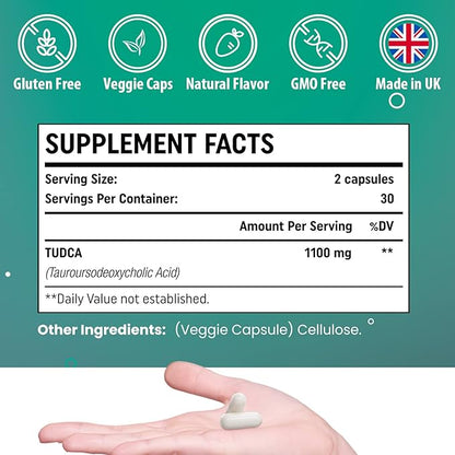 TUDCA 1100mg-Liver Support Supplement for Detox Cleanse, Water-Soluble Bile Salts with Strong Bitter Taste, 60 Vegan Capsules,Non-GMO,Gluten-Free