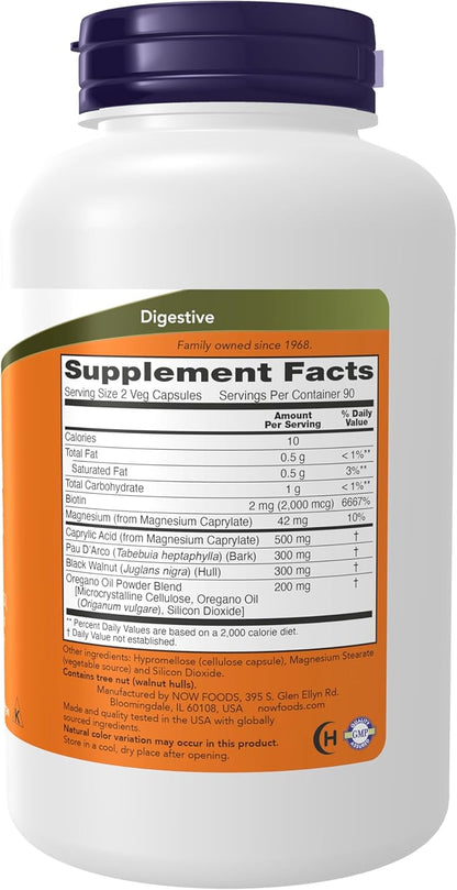 NOW Foods Supplements,Candida Support with PAU D'Arco,Oregano Oil,Black Walnut & Caprylic Acid,180 Veg Capsules,(Pack of 2)