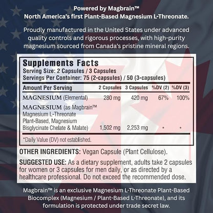 Kappa Nutrition Powered by Magbrain™ Magnesium L-Threonate Plant-Based, 150 Vegan Capsules, 420mg Elemental Magnesium (3 Capsules) from 2,253mg, Brain, Sleep & Muscle Support.