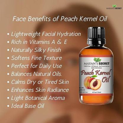 Pure Carrier and Essential Oils for Skin Care, Hair, Body Moisturizer for Face-Anti Aging Skin Care (Peach Kernel Oil, 4oz)