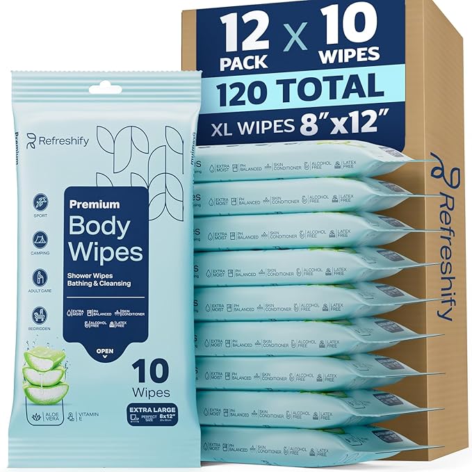 120 XL Shower Wipes – Body Wipes for Adults Bathing No Rinse – 12 Packs of 10 – Extra Moist Bath with Aloe & Vitamin E for Camping, Travel, Gym & Bedridden Care
