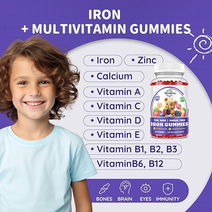 Iron Supplement Gummies for Kids - with Calcium, Zinc, Kids Multivitamin with Iron Gummies - Immune Support, Blood Builder & Energy Support for Iron Deficiency, Anemia, Mixed Berry Flavor, 60 Gummies