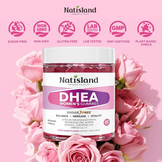 DHEA Supplement for Women, DHEA 50mg with Omega Fatty Acids, Magnesium & Antioxidant Blend, Supports Hormone Balance, Healthy Aging, Immunity & Energy, DHEA 25 mg per Gummy, Non-GMO, Sugar Free, 60ct