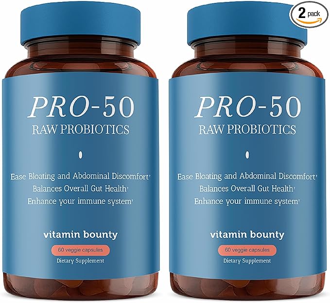 Vitamin Bounty Pro-50 Probiotic 50 Billion CFU - 13 Strain Supplement for Men & Women + Prebiotics - Digestive Health & Gut Support - Lactobacillus & Bifidobacterium - Delayed Release Capsules, 2 Pack