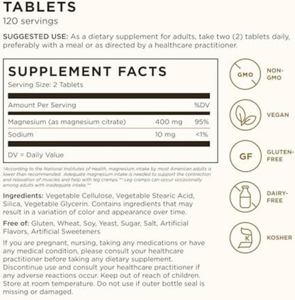 Solgar Magnesium Citrate, 120 Tablets - Promotes Healthy Bones - Supports Nerve & Muscle Function - Non GMO, Vegan, Gluten Free, Dairy Free, Kosher - 60 Servings, Standard Packaging