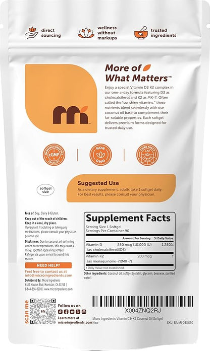 Micro Ingredients Vitamin D3 10,000 IU + K2 MK-7 200 mcg Per Serving, 90 Softgels | Extra Strength* 2-in-1 D3 K2 Supplement | Easy-to-Swallow Softgels Made with Coconut Oil | Non-GMO, Gluten Free
