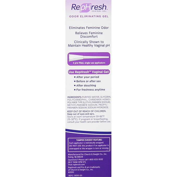 RepHresh Odor Eliminating Vaginal Gel, Feminine Care pH Balance for Women, 4 Count (0.7oz)