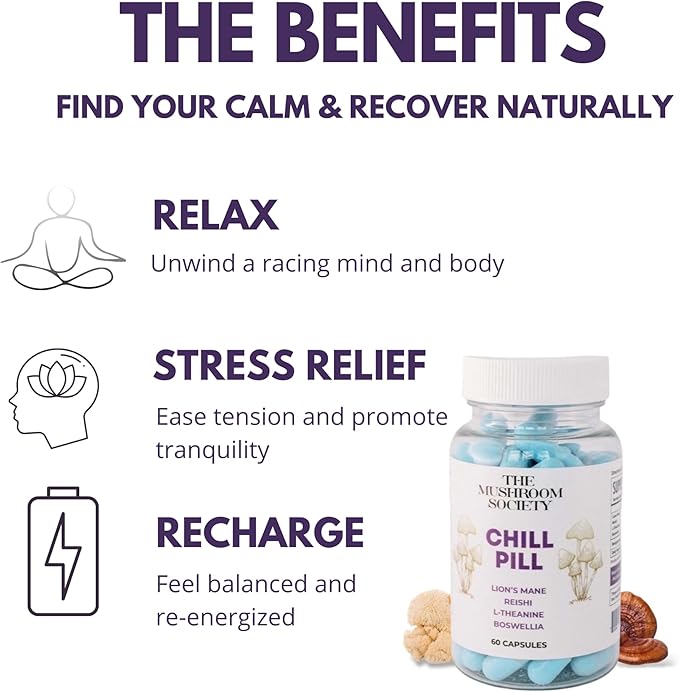 Chill Pill Supplement - Lion’s Mane, Reishi, L-Theanine, Boswellia & Beta-Glucans - Relax, Recover & Recharge - 60 Vegan Capsules