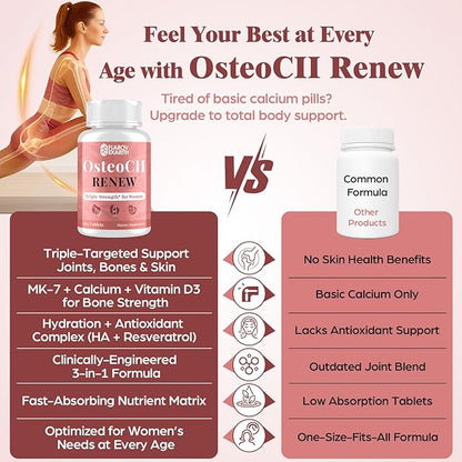 Joint Supplements for Women OsteoCII Renew Triple Strength – Advanced Joint, Bone & Skin Formula – Collagen, Glucosamine, Chondroitin, Calcium, MK-7, Vitamin D3, Hyaluronic Acid, 360 Tablets