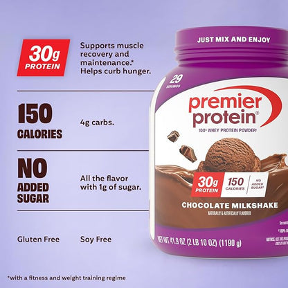 Premier Protein Powder, Chocolate Milkshake, 30g Protein, 1g Sugar, No Soy, Gluten Free, 41.9oz (29 Servings)