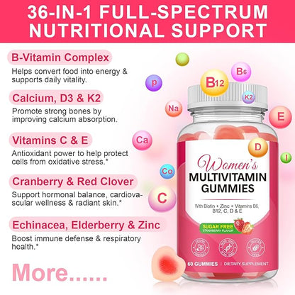 Multivitamin for Women, Womens Multivitamin Gummies with Minerals, Biotin + Zinc + Vitamins B6, B12, C, D & E,100% Natural Strawberry Flavor,No Sugar,60 Gummies