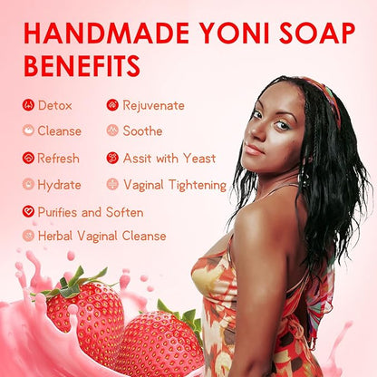 Yoni Soap Bars & Natural Yoni Oil Set, Natural Vaginal Wash for Women Feminine Wash Vaginial Deodorants pH Balance, Eliminates Odor, Feminine Oil 30ml/1 oz, 2 Pcs Vaginal Care Soap (2pcs strawberry)
