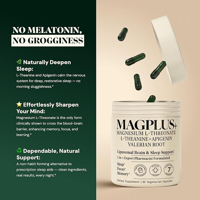 Magnesium L-Threonate with Apigenin, Valerian Root & L-Theanine – No Melatonin Restful Sleep & Brain Supplement – Clinically Studied 7-Ingredient Formula – Memory & Focus – 60 Capsules