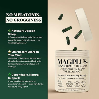 Magnesium L-Threonate with Apigenin, Valerian Root & L-Theanine – No Melatonin Restful Sleep & Brain Supplement – Clinically Studied 7-Ingredient Formula – Memory & Focus – 60 Capsules