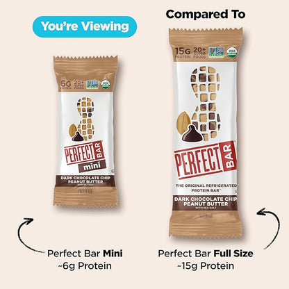 Perfect Bar Mini Protein Bars, Peanut Butter and Dark Chocolate Chip Peanut Butter Variety Pack, Gluten Free, Made with Organic Honey, Cookie Dough Texture, Refrigerated, 18 Count, 0.88 Oz Bar