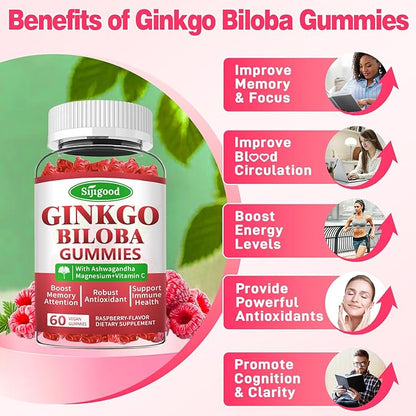 Ginkgo Biloba Gummies with Panax Ginseng and Magnesium, Ginkgo Biloba Supplements for Focus, Memory, and Brain Health for Adults & Kids, Vegan Raspberry Flavor Gummies, 60 Count