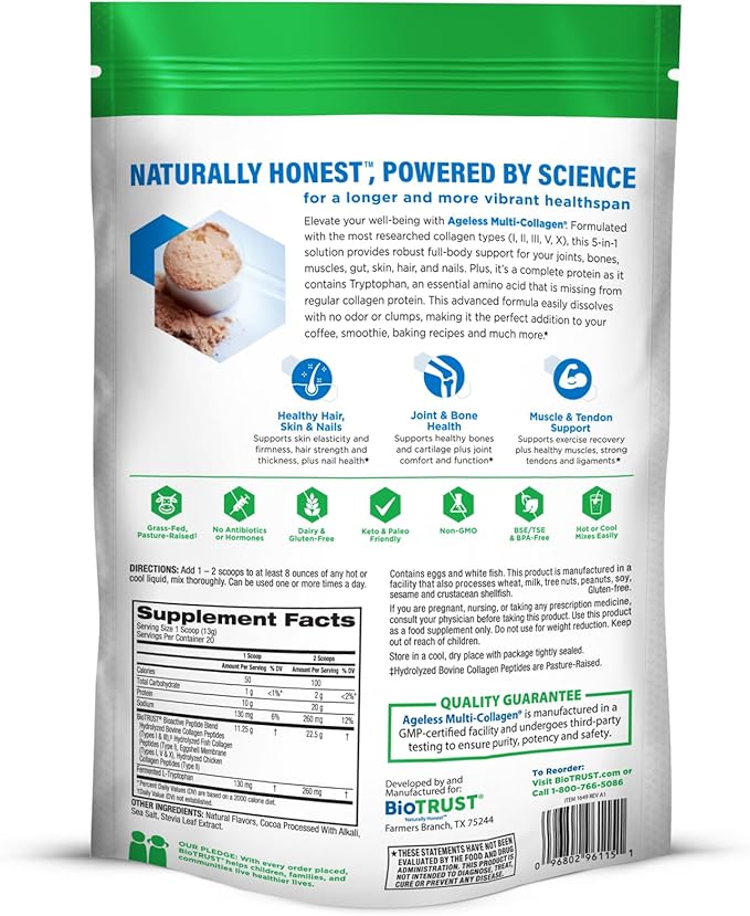 BioTrust Ageless Multi Collagen Peptides Powder – 5 Types (I, II, III, V, X) – Chocolate Collagen Powder for Women & Men – Hydrolyzed Protein – Grass Fed Beef, Fish, Chicken, Eggshell Membrane