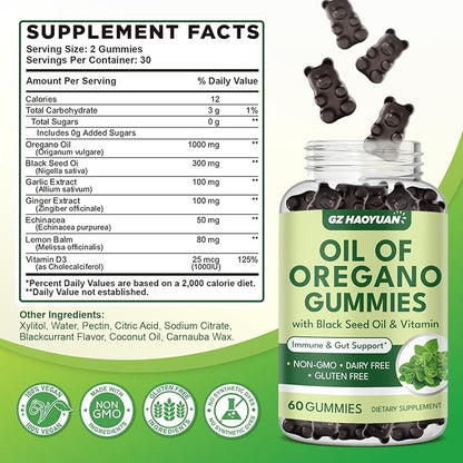 Oil of Oregano Gummies with Black Seed Oil + Vitamin D3, Oregano Oil High Carvacrol, Immune & Digestive Support, Antioxidant Support, 120 Gummies
