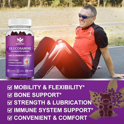 WOGORGT Glucosamine Chondroitin Gummies for Women & Men - 1500mg Glucosamine Chondroitin with MSM & Elderberry - Flexibility & Immune Support - 60 Gummies (2 Pack)