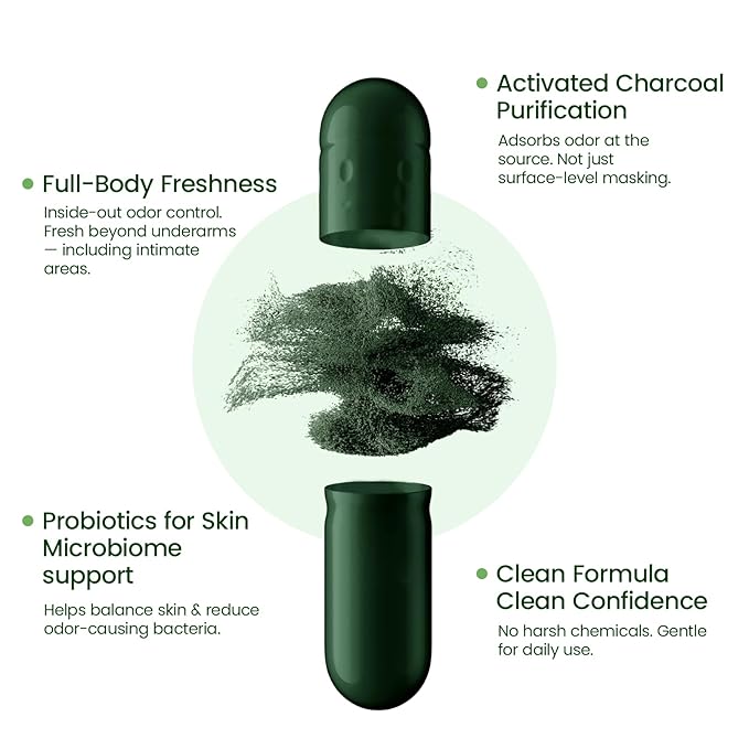 Deo Fresh Probiotic & Chlorophyll Capsules - Internal Deodorant & Body Odor Control with Zinc, Charcoal - Full Body Deodorizer, Fresh Breath & Skin & Gut Support - 2 Month Supply