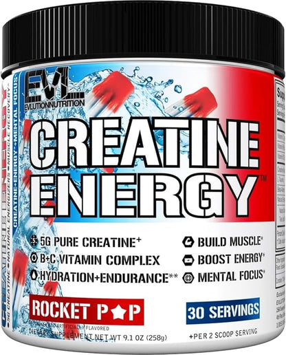 Evlution Nutrition Creatine Energy - Supports Muscle Growth, Boosts Energy, Endurance & Cognition - 5g Pure Creatine Monohydrate Per Serving - B + C Vitamin Complex - 30 Servings - Rocket Pop