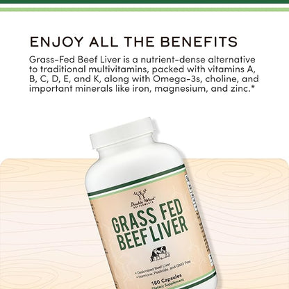Grass Fed Beef Liver Capsules (1,000mg of Grass Fed, Desiccated Beef Liver per Serving, 180 Capsules, 3 Month Supply) Supplement for Digestion, Immune Health, Energy, and Wellness by Double Wood