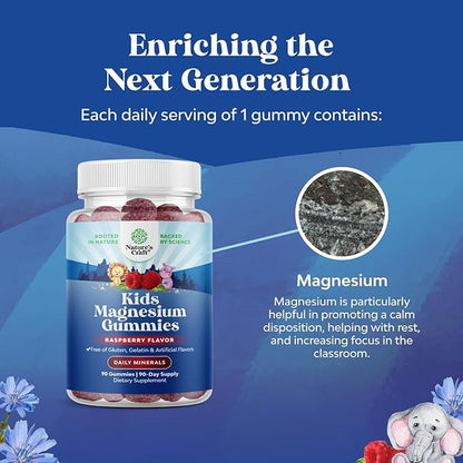 Kids Magnesium Gummies - Calm Relaxing Mg Citrate Supplement with Raspberry Flavor - Calm Magnesium Supplement for Nerve Health Muscles & Healthy Heart Support - Mag Citrate Gummies - 90 Count