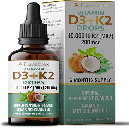 Vitamin D3 + K2 Drops 10,000 IU D3 with 200mcg K2 (MK7), Peppermint Flavour, Organic MCT Coconut Oil, 60mL, 6 Month Supply