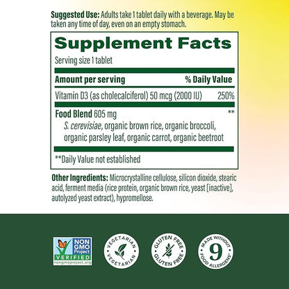 MegaFood Vitamin D3 2000 IU (50 mcg) - Vitamin D Supplements with Real Food, Immune Support, Supports Bones, Teeth & Muscles, Vegetarian, Certified Non-GMO, Kosher – 60 Tablets, 60 Servings