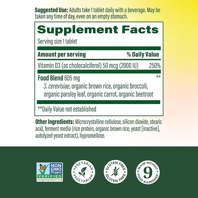 MegaFood Vitamin D3 2000 IU (50 mcg) - Vitamin D Supplements With Real Food, Immune Support, Supports Bones, Teeth & Muscles, Vegetarian, Certified Non-GMO, Kosher – 90 Tablets, 90 Servings
