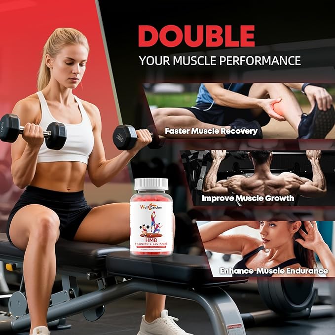 HMB and Leucine Amino Acid Gummies: HMB Supplements for Men Women with L-Glutamine for Muscle Growth Fast Workout Recovery, Sugar Free Vegan Non-GMO Strawberry Flavored 30 Day Supply