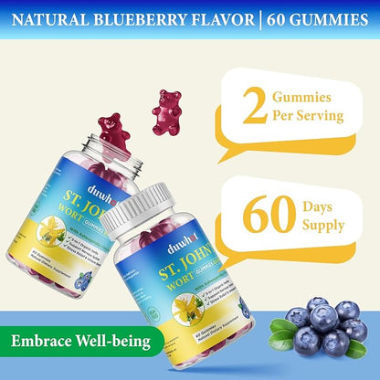 duwhot St John's Wort Gummies 600mg, 3 in 1 Organic Herbal Supplements for Stress Relief, Nervous System Support, with Ashwagandha & Holy Basil Extract for Adults & Kids, Non-GMO, Vegan, 120 ct.