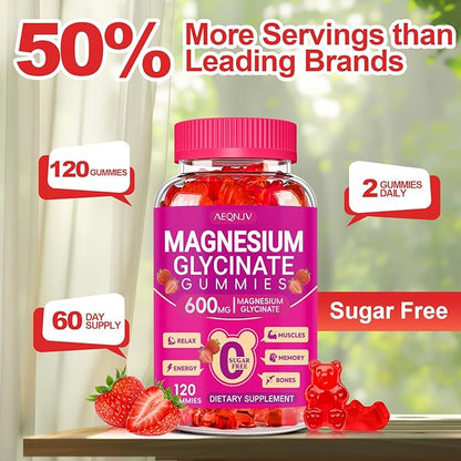 Magnesium Glycinate Gummies 600mg, Chewable Sugar Free Gummies with Magnesium Glycinate, Vitamin D, B6 and CoQ10 for Sleep, Relaxation, Brain and Muscle, 2 Pack