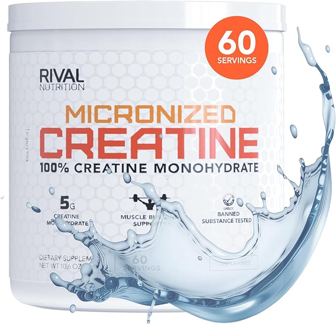 RIVAL NUTRITION Micronized Creatine I 100% Creatine Monohydrate Powder I 60 Servings I 5g Per Serving I Supports Muscle Performance, Lean Mass, and Cognitive Function | Unflavored I for Men & Women