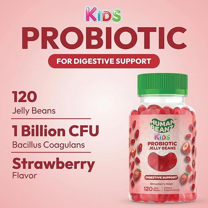 Human Beanz Probiotic Jelly Bean Gummies for Kids, Probiotic Supplements for Digestive Health, Nutritional Vegetarian Supplements, 120 Strawberry Blast Jelly Beans, Kosher