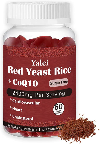 Premium Red Yeast Rice with CoQ10 Gummies for Heart & Cholesterol Support | Sugar Free, Strawberry Flavor | 60 Gummies (30 Day Supply) | Vegan, Non-GMO