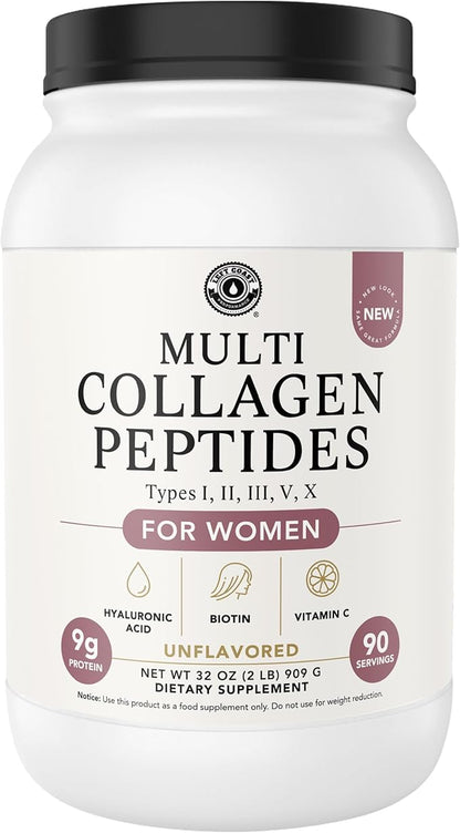 Multi Collagen Powder with Biotin, Hyaluronic Acid, Vitamin C (2lb Value Size) | Hydrolyzed Collagen Supplement (Types I, II, III, V, X). Hair, Skin, Nails for Women, Men