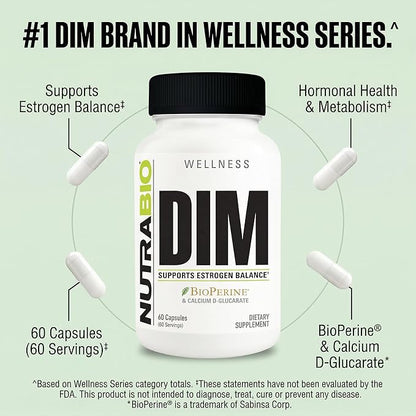 NutraBio DIM Supplement, Supports Estrogen Balance, 100mg - 60 Vegetable Capsules