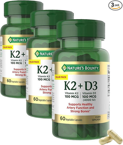 Nature's Bounty Vitamin D3 K2 Supplement, 4000 IU, D3 Plus 100 mcg of Vitamin K Supplements for Adults for Heart & Bone Health Support, 60 Day Supply, 60 Vegetarian Capsules (Pack of 3)