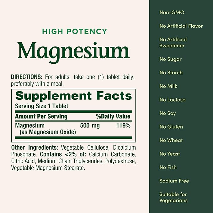 Nature's Bounty Magnesium, Mineral Supplement, Supports Bone and Muscle Health, 500 mg, Coated Tablets, 100 Count (Pack of 3)