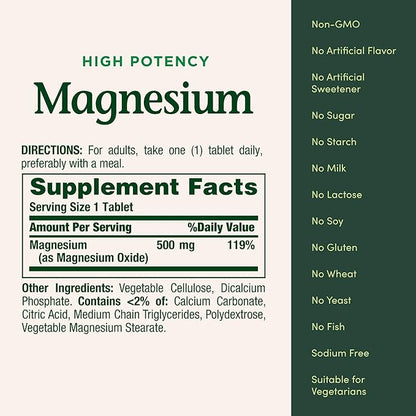 Nature's Bounty Magnesium, Mineral Supplement, Supports Bone and Muscle Health, 500 mg, Coated Tablets, 100 Count (Pack of 3)