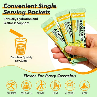 Electrolyte Collagen Powder Packets, 10g Collagen Protein Drink Mix for Hydration Recovery, Zero Sugar 2-in-1 Post Workout Rehydration, Joint Skin Muscle Support, 5 Vitamins, Lemon Lime