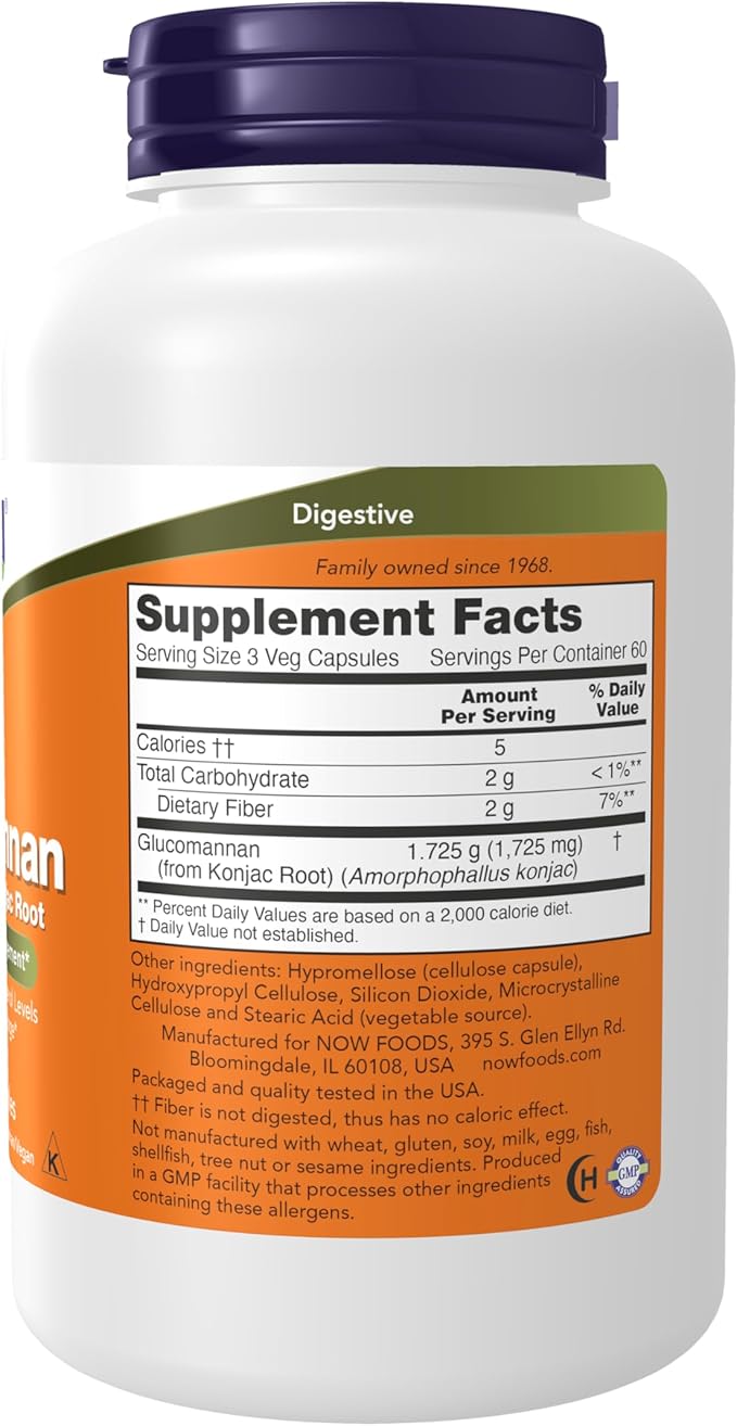 NOW Foods Supplements, Glucomannan (Amorphophallus konjac) 575 mg, Supports Regularity*, Healthy Weight Management*, 180 Veg Capsules