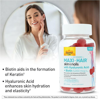 Country Life Maxi-Hair Skin & Nails Gummies with Hyaluronic Acid & Biotin 5,000 mcg – Supports Hair Growth, Skin Hydration & Nail Strength – Vegan, Gluten Free – 60 Gummies
