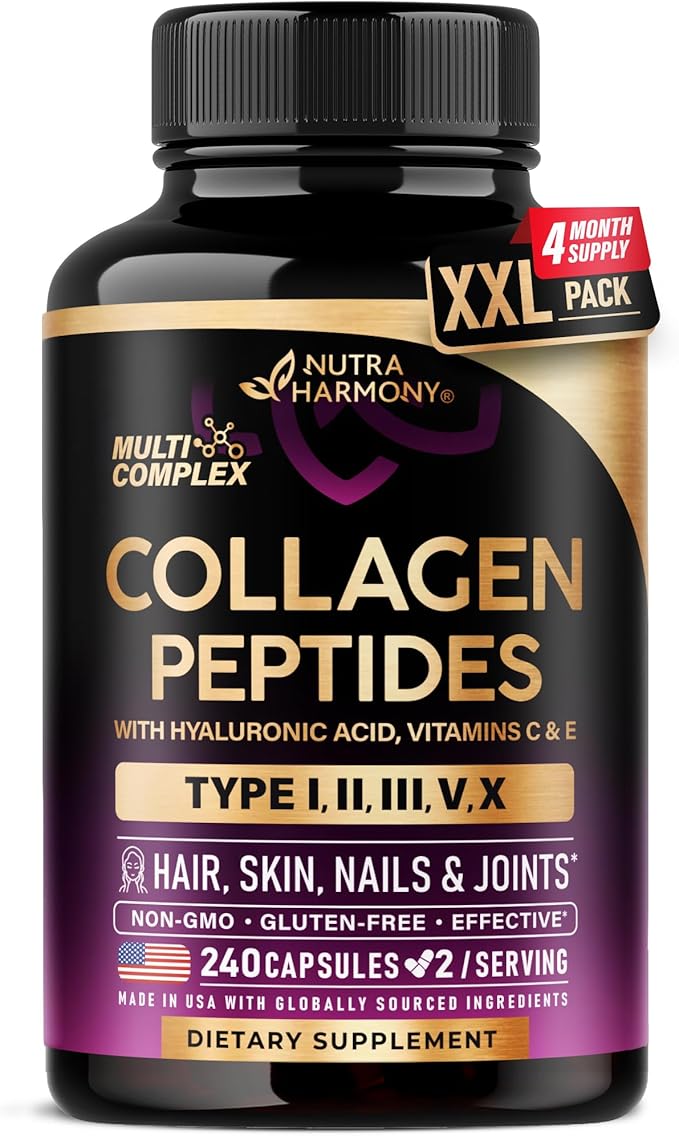 Multi Collagen Peptides - Hydrolyzed Types I, II, III, V & X - Collagen Supplement for Women 1300mg - w/ Hyaluronic Acid, Vitamins C & E - Skin, Hair, Nails & Joint Support - Made in USA, 240 Capsules
