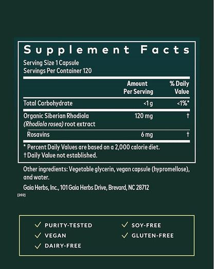 Gaia Herbs Rhodiola Rosea - Stress Support Supplement Traditionally for Supporting Healthy Stamina & Endurance* - with Siberian Rhodiola Root Extract - 120 Vegan Liquid Phyto-Caps (120 Servings)