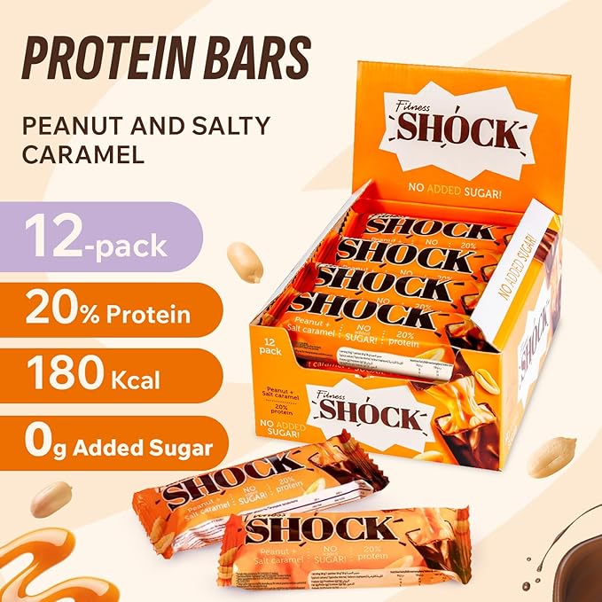 Fitness SHOCK Peanut Salted Caramel Protein Bars - No Added Sugar, Low Calorie Low Carb Snack - 10g Protein, 0g Added Sugar, 180 Kcal, 18g Net Carbs - 12 x 50g