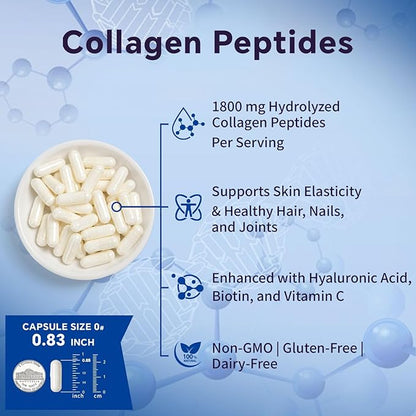 Multi Collagen Peptides Pills 1800mg, Type I, II, III, V, X - Hydrolyzed Premium Collagen Complex Supports Skin, Joints, Hair & Nails, Hydrolyzed Protein for Women Men, 90 Capsules